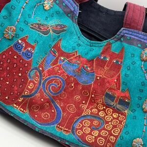 Laurel Burch Abstract Cat Canvas Tote Bag Teal Burgundy Beaded Artistic Feline